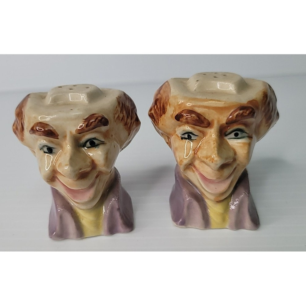 Vintage Japan Porcelain 2 Old Jester Men Salt Shakers w/ Original Cork Stoppers